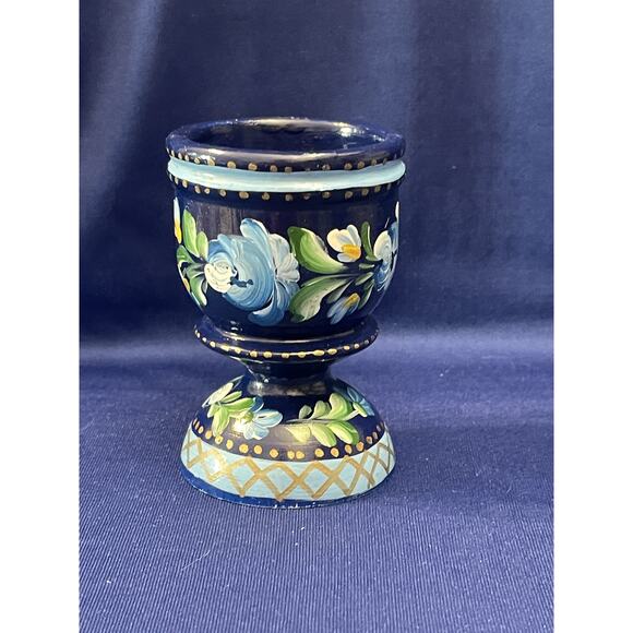 Hand Painted Wooden Cobalt Blue Egg Cup with Flowers Accents - Picture 4 of 6
